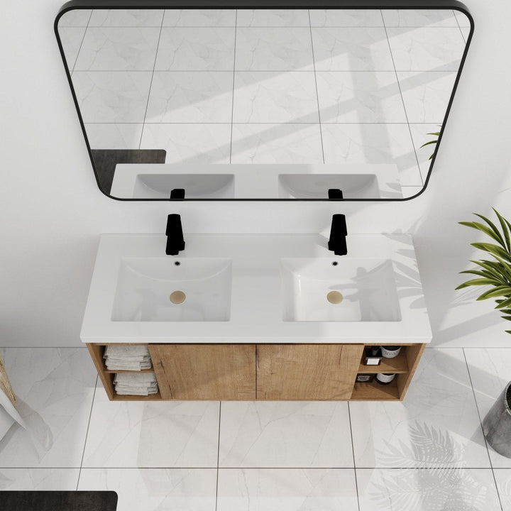 Modern double sink floating vanity top view