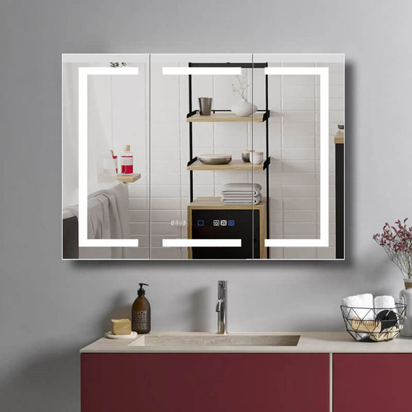 LED backlit bathroom mirror cabinet with sleek design, integrated storage, and touch controls for modern bathrooms