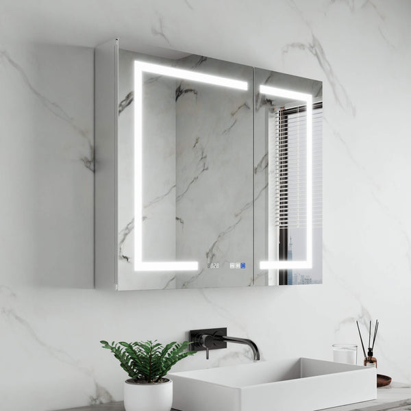 LED bathroom mirror with illuminated rectangular design on a white background