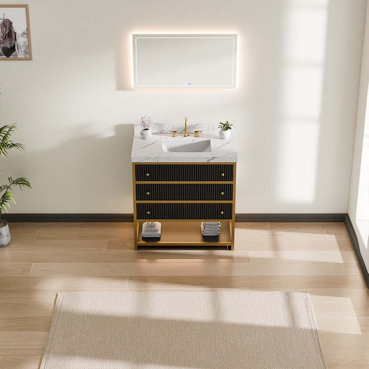 modern vanity black integrated ceramic basin and gold hardware