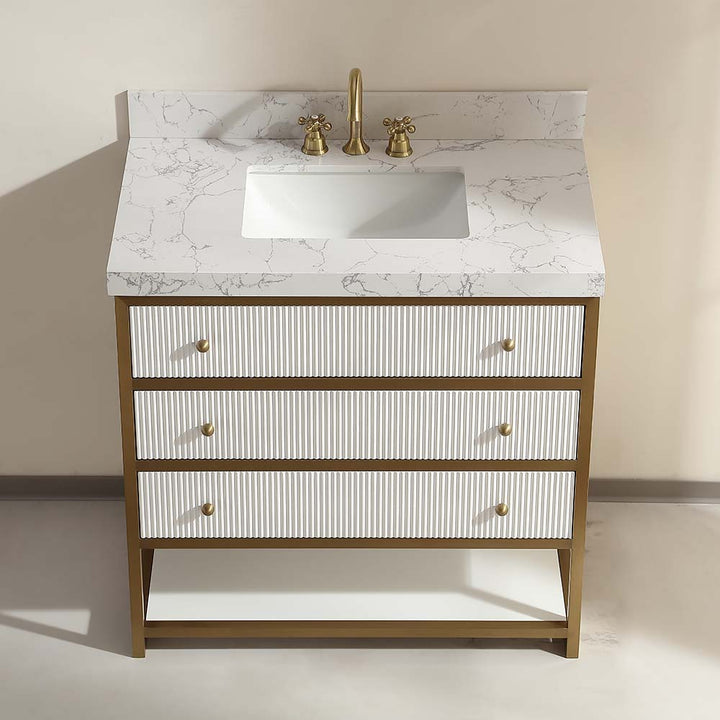 Modern vanity with integrated ceramic basin and gold hardware