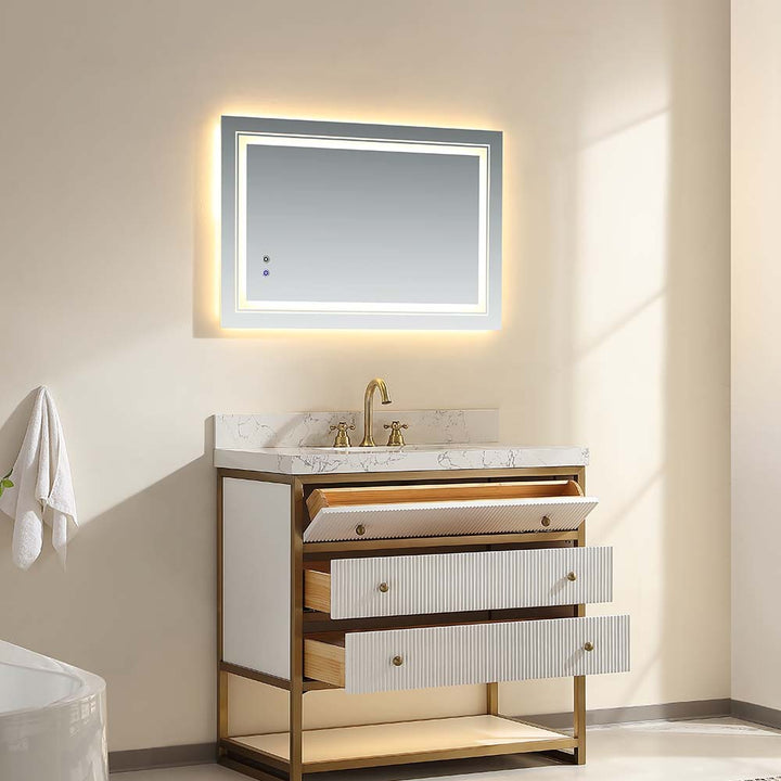 Modern white bathroom vanity one piece ceramic sink drawers open