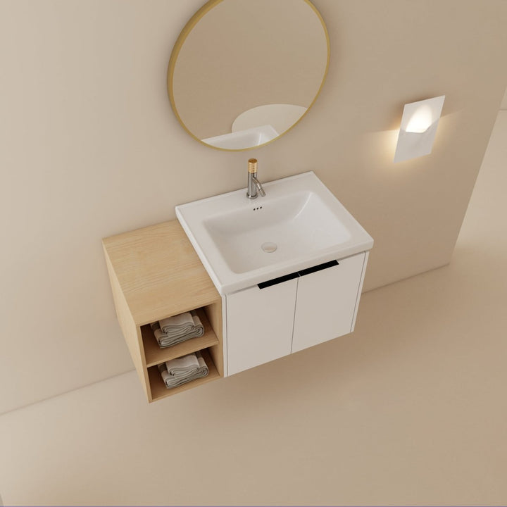 Modern white floating vanity storage top