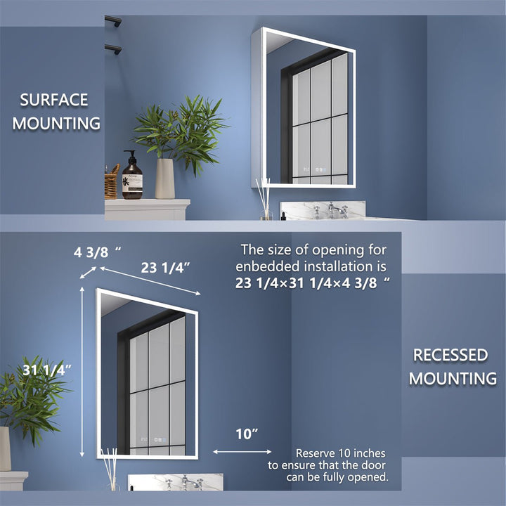 Rim 24" W x 32" H Led Lighted Medicine Cabinet Recessed or Surface with mirrors,Hinge on the right - Modland