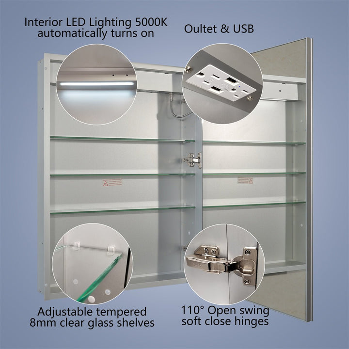 Rim 24" W x 32" H Led Lighted Medicine Cabinet Recessed or Surface with mirrors,Hinge on the right - Modland