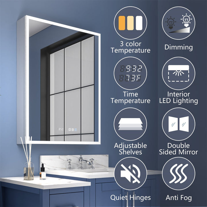 Rim 24" W x 32" H Led Lighted Medicine Cabinet Recessed or Surface with mirrors,Hinge on the right - Modland