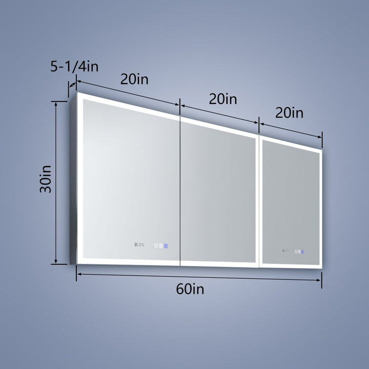 Rim 60" W x 30" H Led Lighted Medicine Cabinet Recessed or Surface with Mirrors and Clock - Modland