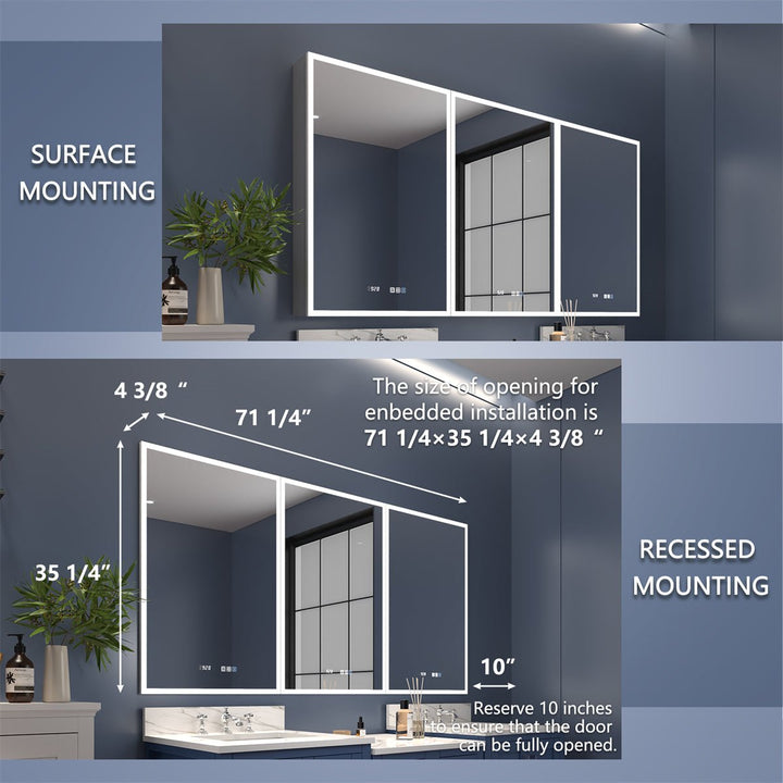 Rim 72" W x 36" H Led Lighted Medicine Cabinet Recessed or Surface with Mirrors - Modland