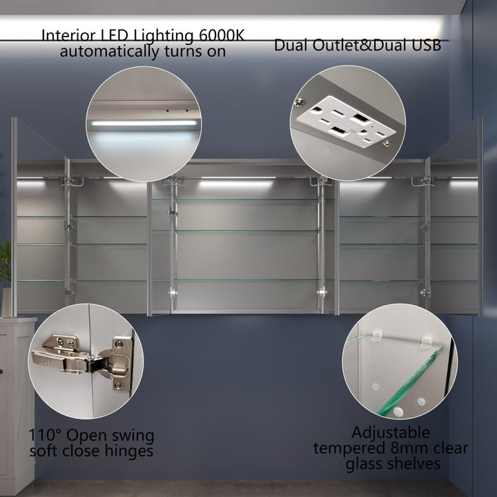 Rim 72" W x 36" H Led Lighted Medicine Cabinet Recessed or Surface with Mirrors - Modland