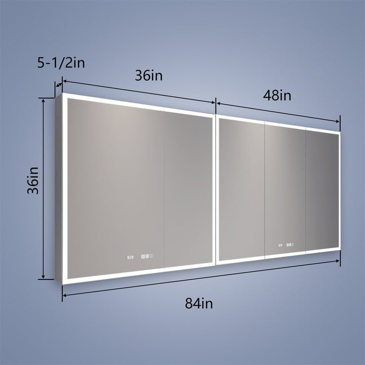 Rim 84" W x 36" H Led Lighted Medicine Cabinet Recessed or Surface with Mirrors,36-48 - Modland