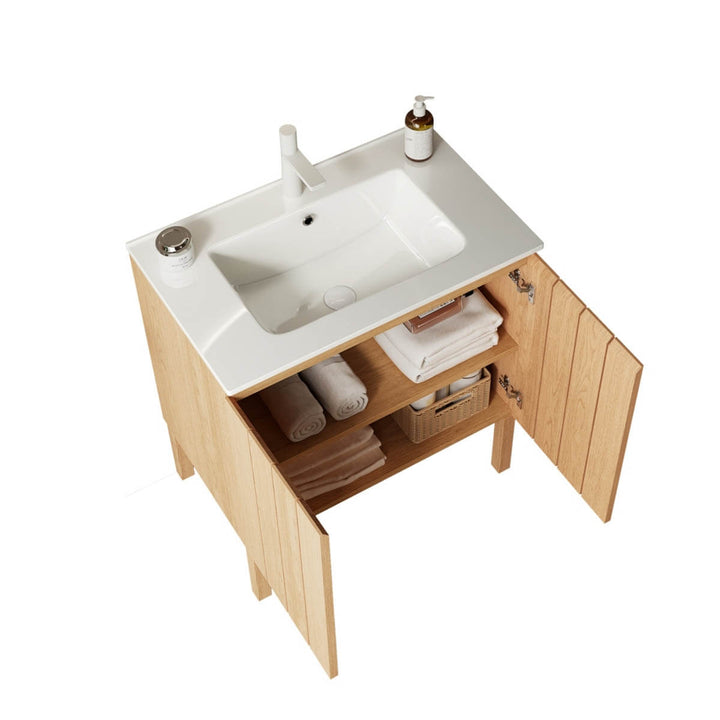 sleek floating vanity sink organized storage