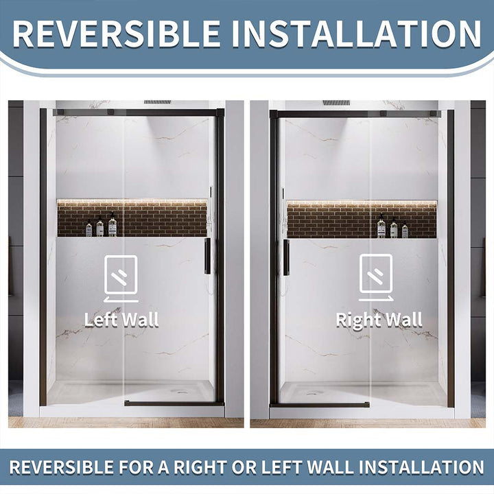 Sliding shower door reversible opening