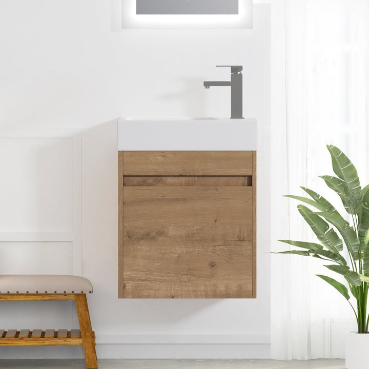 Wall mounted bathroom vanity wood grain in bathroom