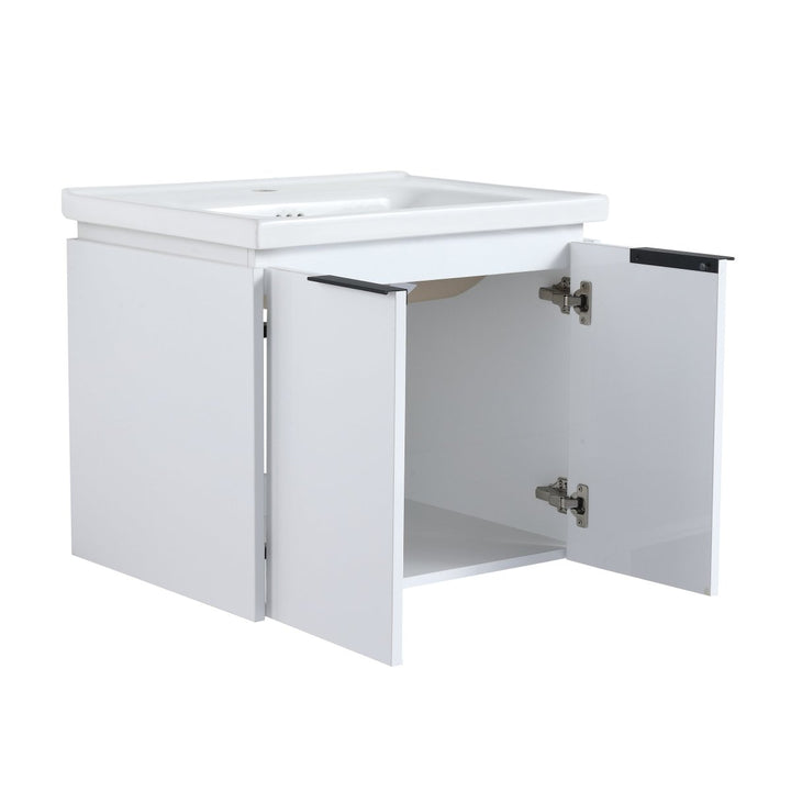 White floating vanity open doors