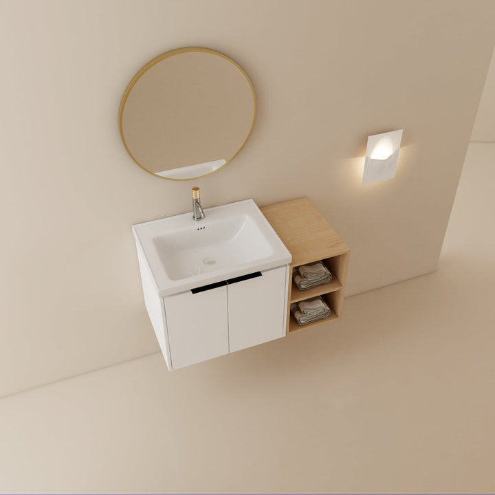 White floating vanity right side storage side view