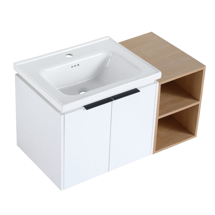 White floating vanity right storage