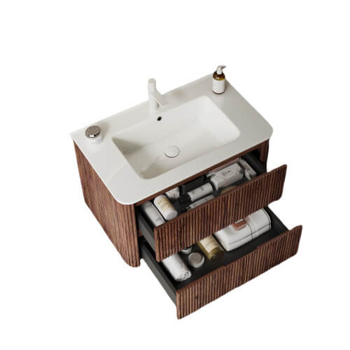 Modern sink with wooden cabinet and storage drawers.