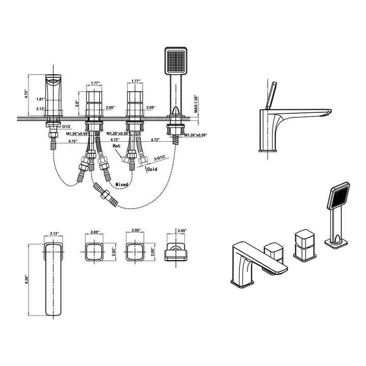 Deck Mount Roman Dual Handles Tub Faucet with Hand Shower - Modland