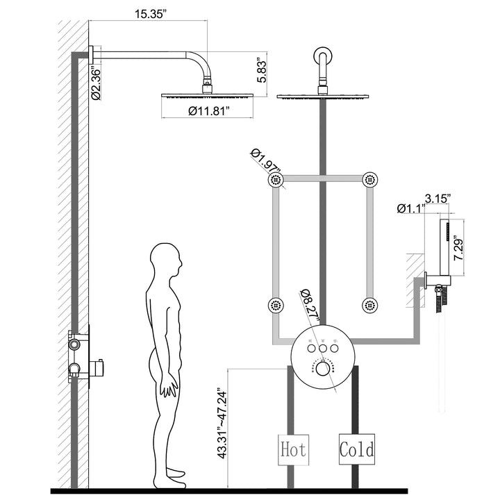 Thermostatic Complete Shower System With Shower Head Hand Shower And 4 Body Jets - Modland