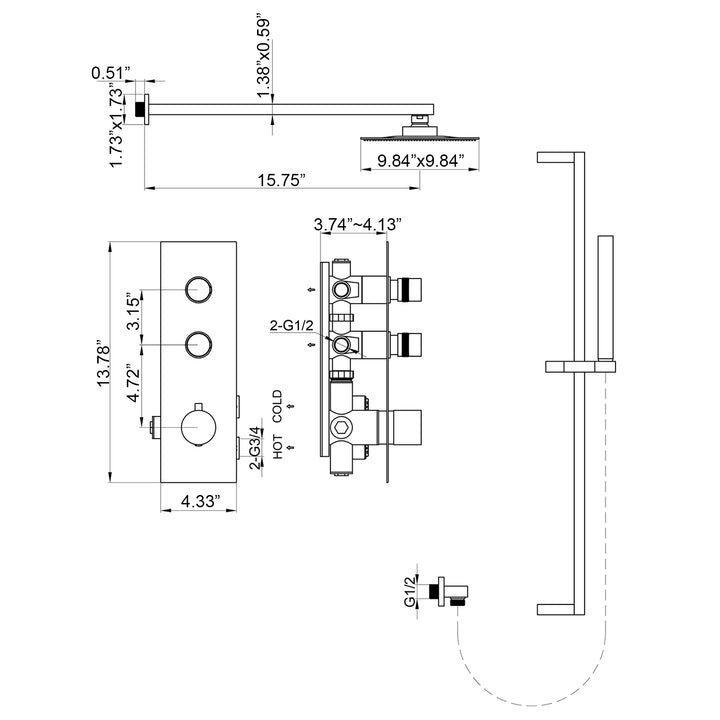 Thermostatic Rain Shower System with Hand Shower-Includes Rough-in Valve - Modland