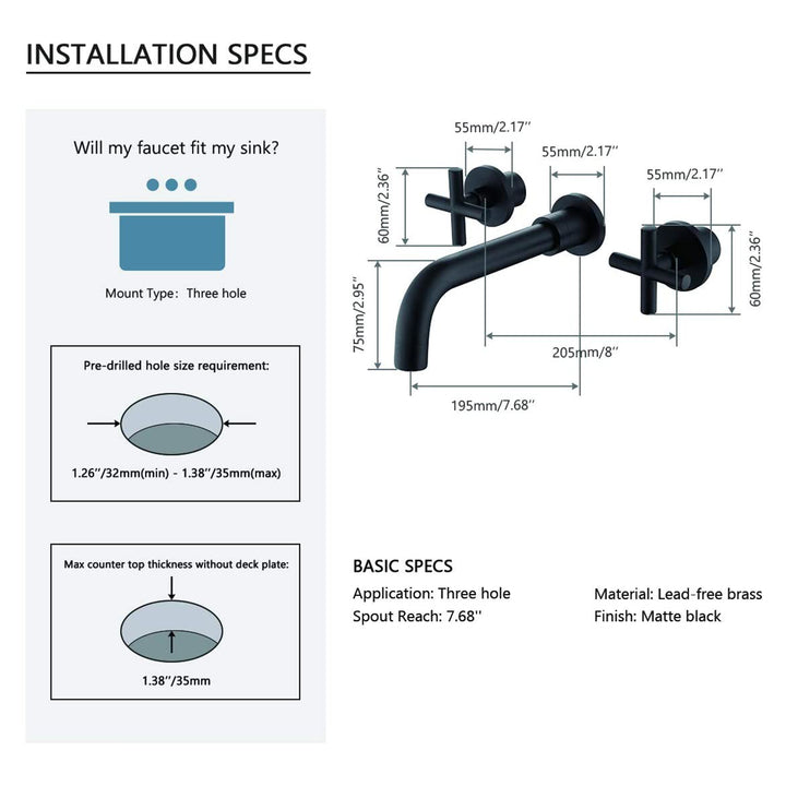 Dual-Handle Wall-Mounted Bathroom Sink Faucet with Three Holes - Modland